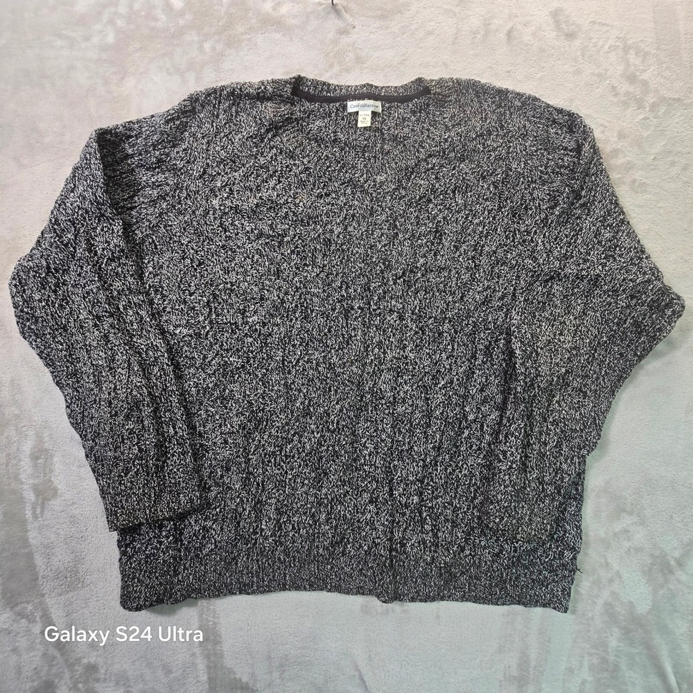 Croft & Barrow Womens 3X Black White Marled Cotton Cable Knit V-Neck Sweater
